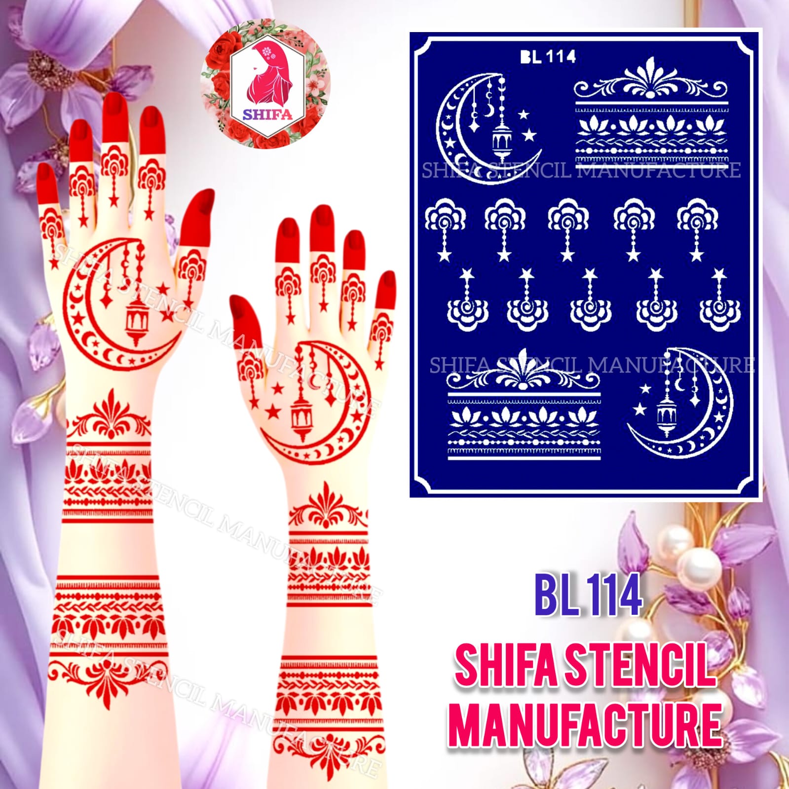 BL114 Crescent Lantern Grace Sticker Overview Henna Stencil - Shifa Stencil